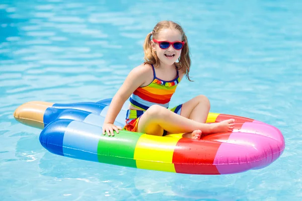 Happy Child Inflatable Ice Cream Float Outdoor Swimming Pool Tropical — Stock Photo, Image