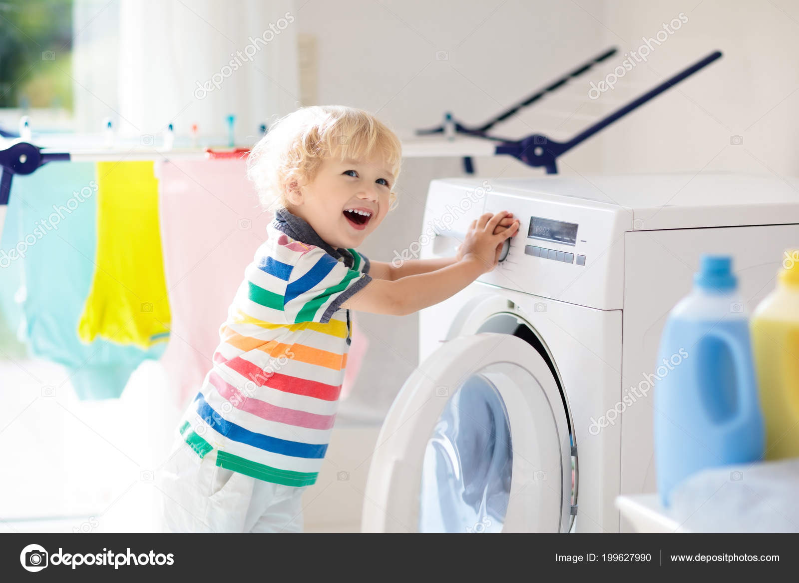 Child Laundry Room Washing Machine Tumble Dryer Kid Helping Family