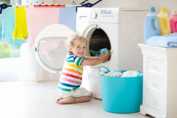 Child Laundry Room Washing Machine Tumble Dryer Kid Helping Family — Stock Photo, Image