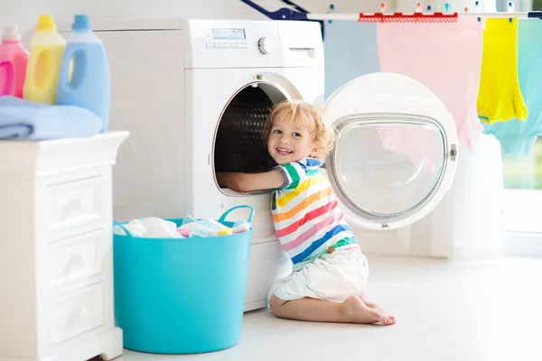 Child Laundry Room Washing Machine Tumble Dryer Kid Helping Family — Stock Photo, Image