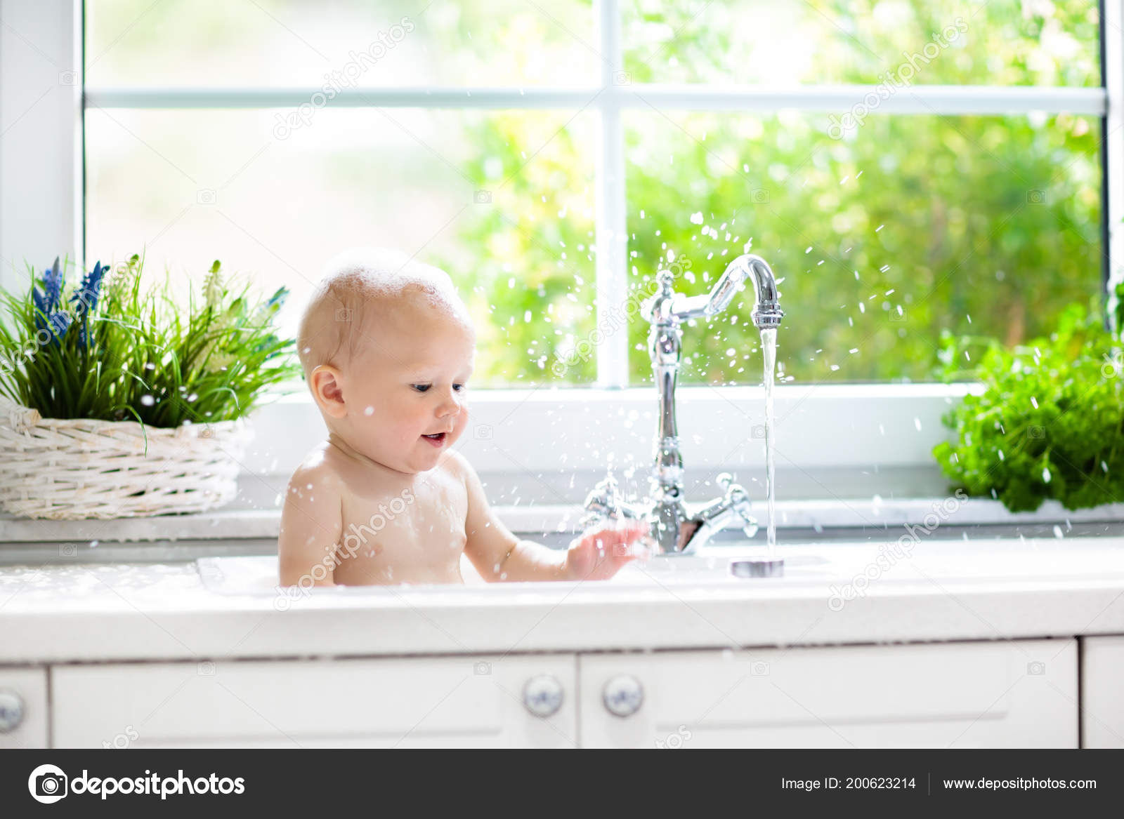 Baby Taking Bath Kitchen Sink Child Playing Foam Soap