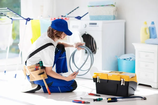 Washing Machine Repair Service Young Male Technician Blue Uniform Examining — Stock Photo, Image