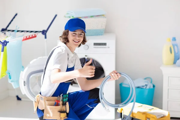 Washing Machine Repair Service Young Male Technician Blue Uniform Examining — Stock Photo, Image