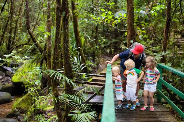 Family Hiking Jungle Father Kids Hike Tropical Rainforest Dad Children — Stock Photo, Image
