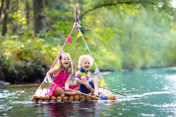 Two Children Wooden Raft Catching Fish Colorful Net River Playing — Stock Photo, Image