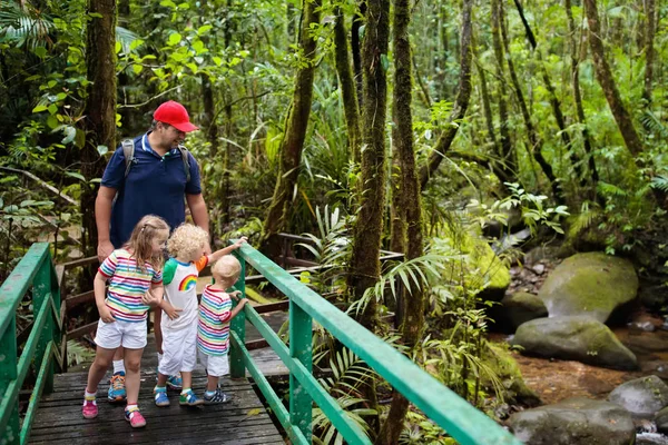 Escursioni Famiglia Nella Giungla Padre Figli Durante Escursione Nella Foresta — Foto Stock
