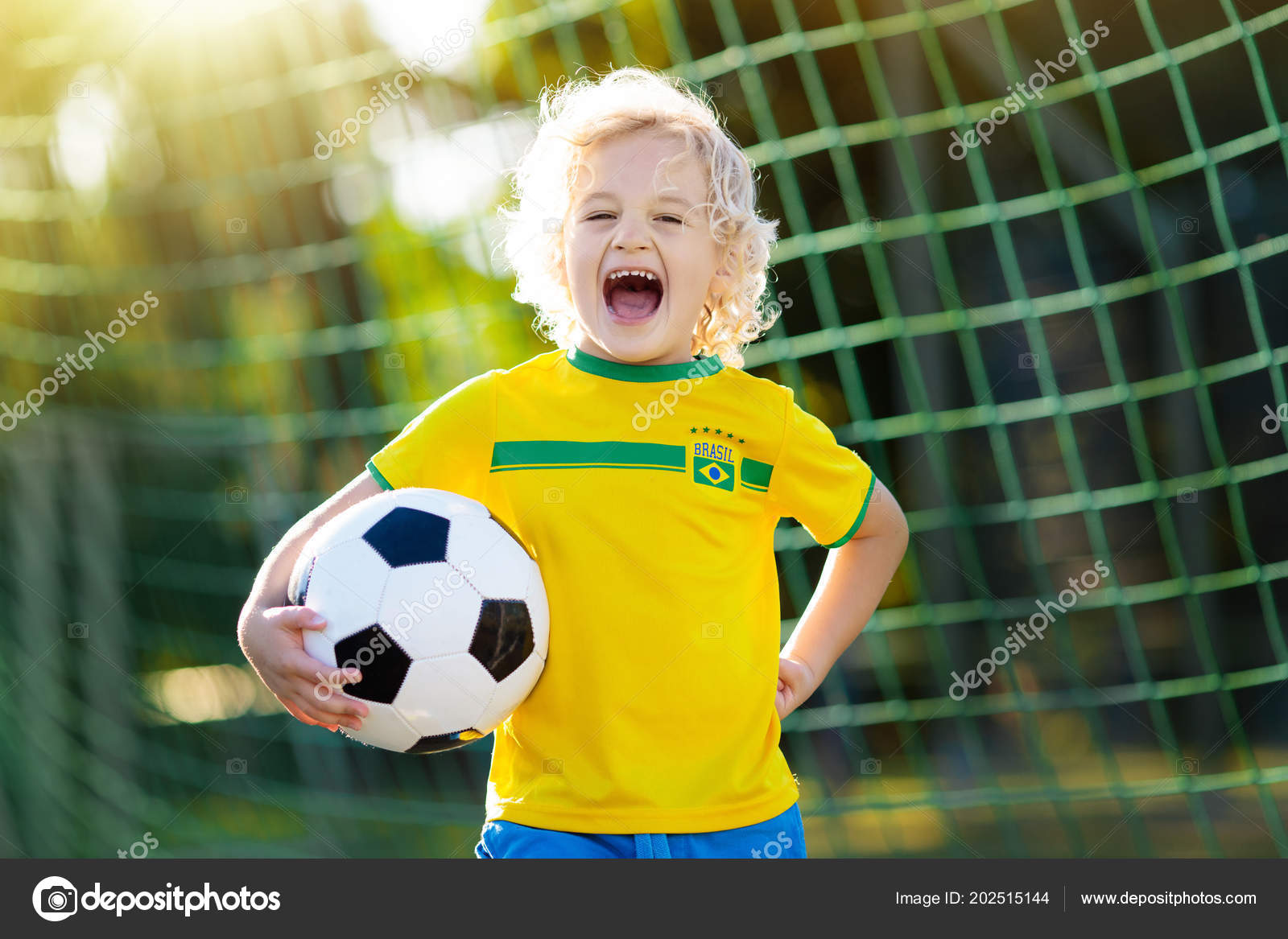Kids Play Football Outdoor Field Brazil Team Fans Children Score