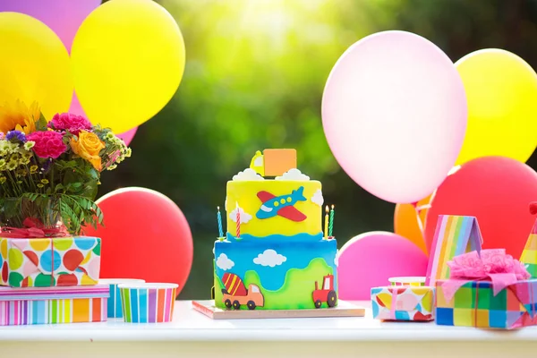 Kids Birthday Party Decoration Colorful Cake Candles Car Transportation Theme — Stock Photo, Image