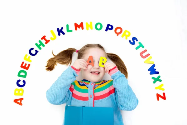 Happy Preschool Child Learning Read Write Playing Colorful Roman Alphabet — Stock Photo, Image