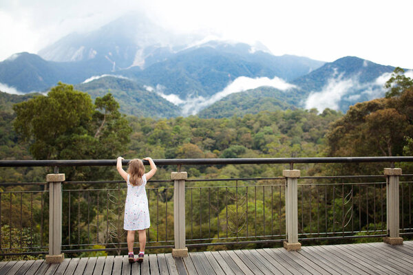 Детский поход в горы. Дети ходят в джунгли Борнео. Маленькая девочка смотрит на гору Кинабалу, самую высокую гору Малайзии. Семейный летний отдых в Юго-Восточной Азии
.