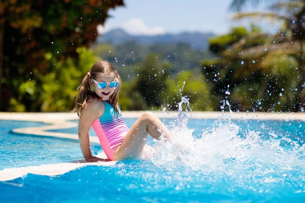 Child Playing Swimming Pool Summer Vacation Kids Little Girl Jumping — Stock Photo, Image