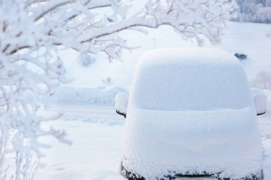 Araba kış fırtına karla kaplı. Araç park edilmiş karlı ağaç. Şiddetli kar yağışı blizzard sonra aile otomobili ile driveway.