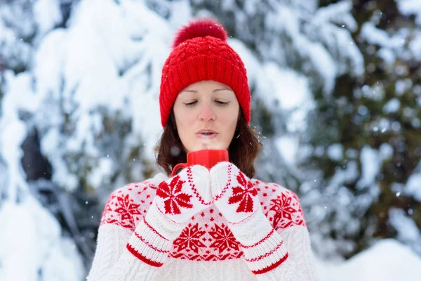 Woman Drinking Hot Chocolate Christmas Morning Snowy Garden Girl Knitted — Stock Photo, Image