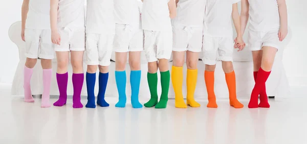 Kids Wearing Colorful Rainbow Socks Children Footwear Collection Variety Knitted — Stock Photo, Image