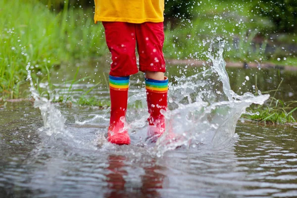 Kid Playing Out Rain Children Umbrella Rain Boots Play Outdoors — Stock Photo, Image