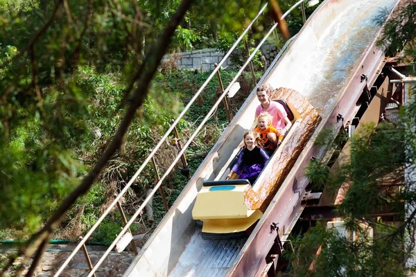 Family Kids Roller Coaster Amusement Theme Park Children Riding High — Stock Photo, Image