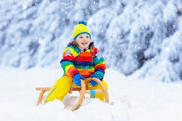 Little Boy Enjoying Sleigh Ride Child Sledding Toddler Kid Riding — Stock Photo, Image