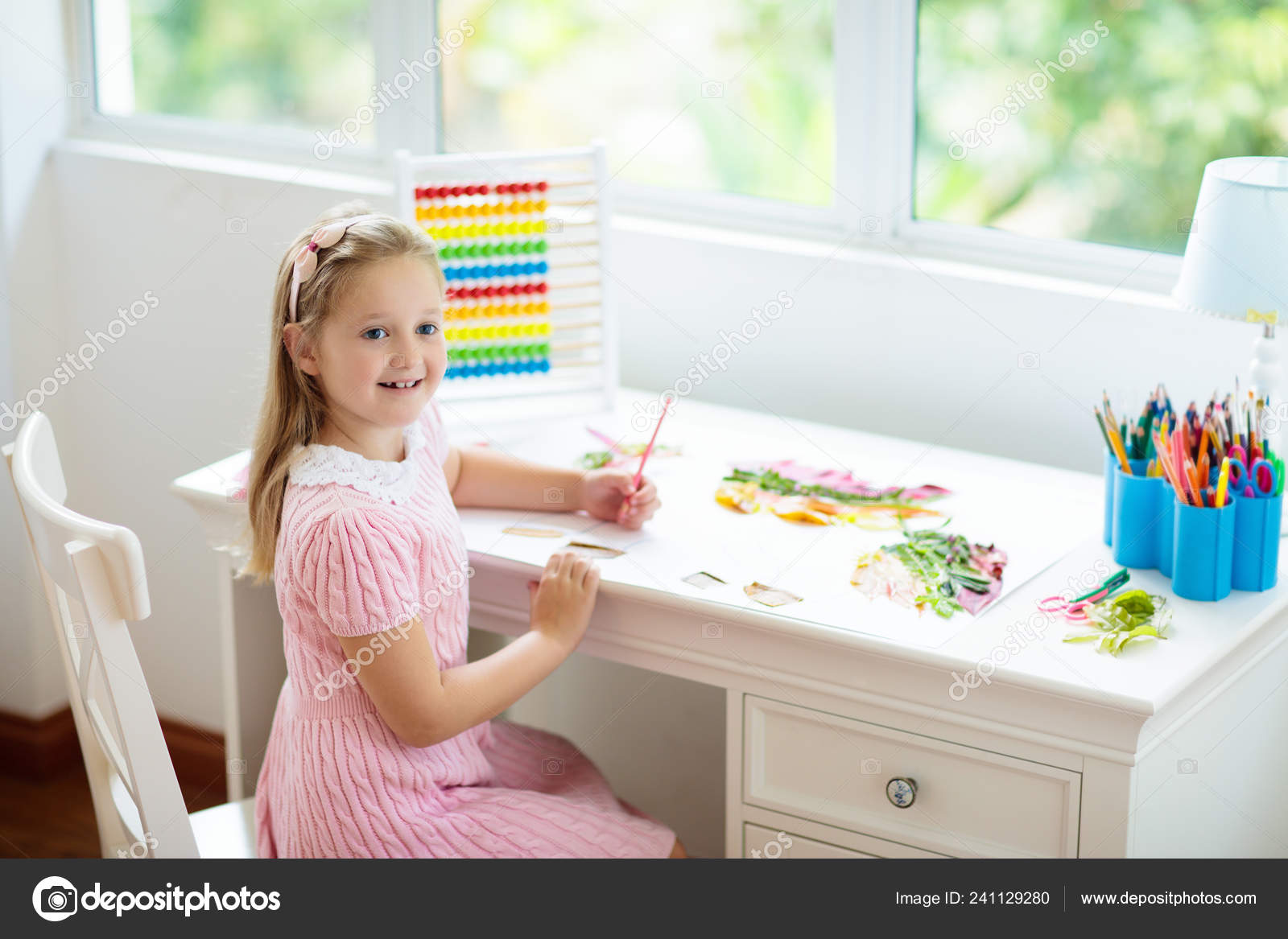 Child Drawing Rainbow Kid Painting Home Little Girl Doing Homework