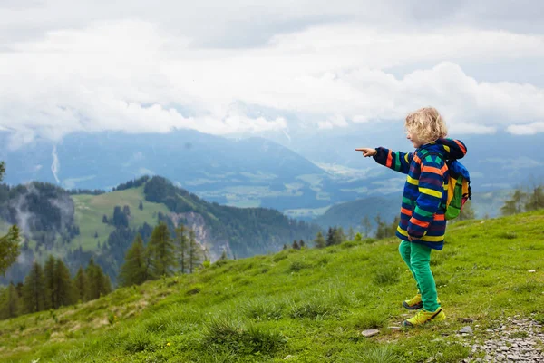 孩子们在阿尔卑斯山中远足 孩子们看着奥地利覆盖着积雪的山 小男孩在盛开的高山草甸小径上远足 户外运动的乐趣和健康 — 图库照片