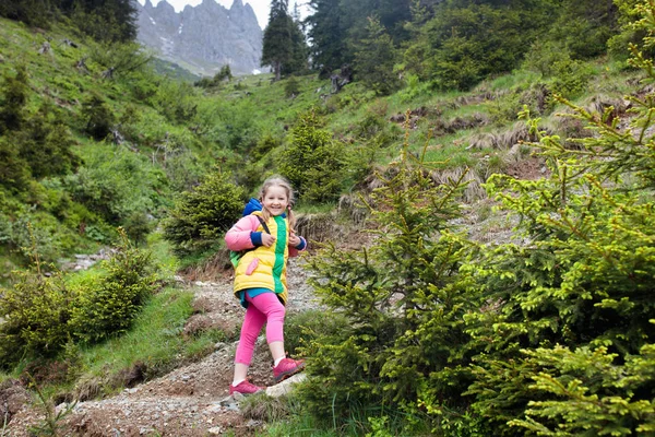 アルプスの山々で子供たちのハイキング 子供たちはオーストリアの雪に覆われた山を見てください 春休み 高山草原に咲くハイキングコースの少女 アウトドアの楽しさと健康的な活動 — ストック写真
