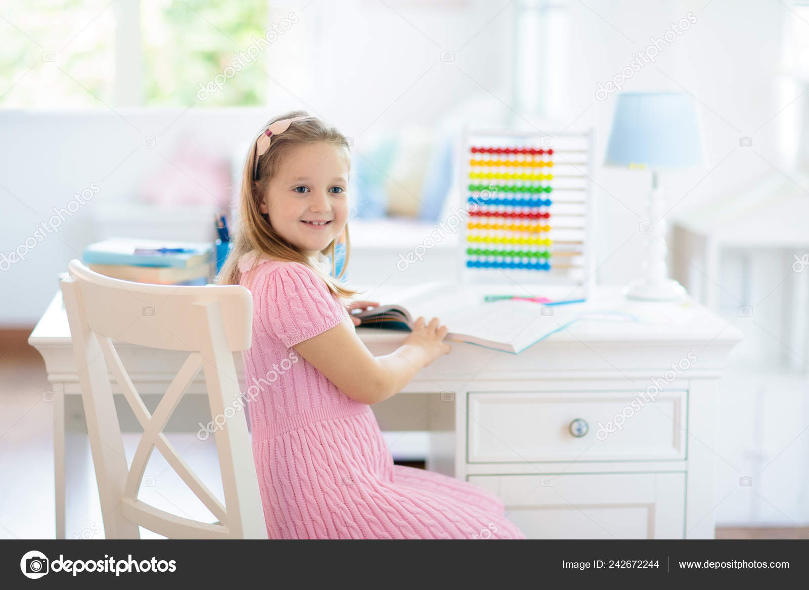 Child Drawing Rainbow Kid Painting Home Little Girl Doing Homework