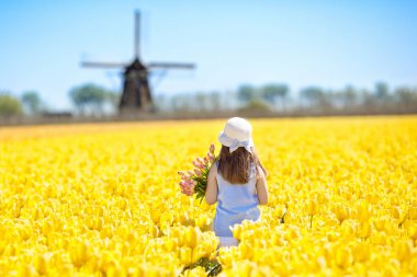 Hollanda yel değirmeni ile Lale çiçek alan çocuk. Çiçek buketi için yay ile beyaz şapkalı küçük Hollandalı kız. Alanları Rüzgar değirmeni, Hollanda'da Lale içinde çocuk.