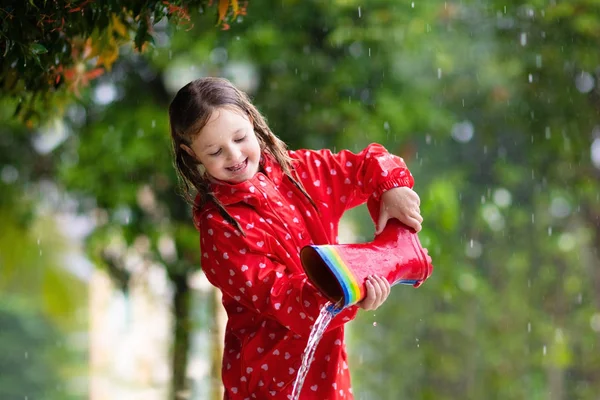 Kid Rubber Boots Playing Rain Autumn Park Child Muddy Puddle — Stock Photo, Image