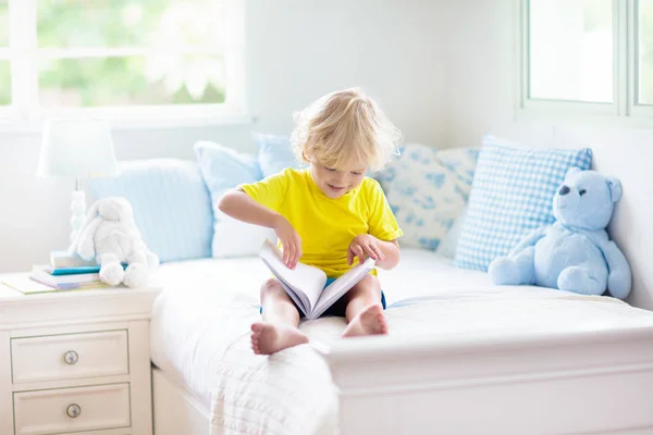 Child Playing Bed White Sunny Bedroom Window Kids Room Interior — Stock Photo, Image