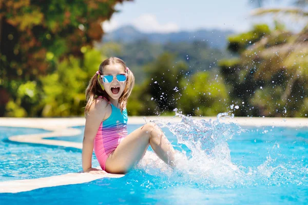 Child Playing Swimming Pool Summer Vacation Kids Little Girl Jumping — Stock Photo, Image