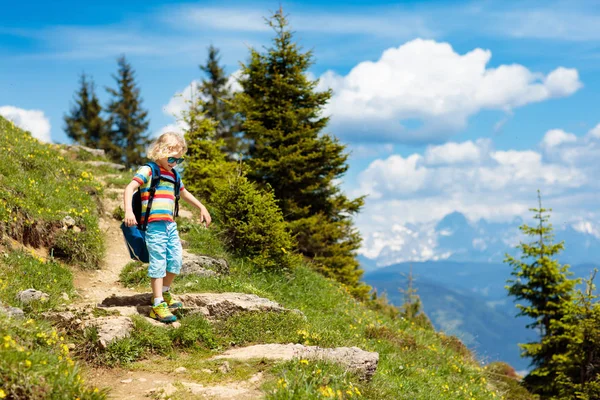 Crianças Caminhando Nas Montanhas Dos Alpes Crianças Olham Para Montanha — Fotografia de Stock