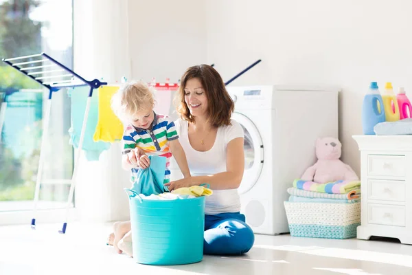 Mother Kids Laundry Room Washing Machine Tumble Dryer Family Chores — Stock Photo, Image