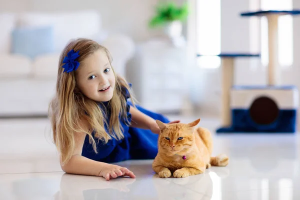 Child Playing Cat Home Kids Pets Little Girl Feeding Petting — Stock Photo, Image