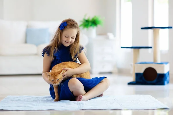 Child Playing Cat Home Kids Pets Little Girl Feeding Petting — Stock Photo, Image