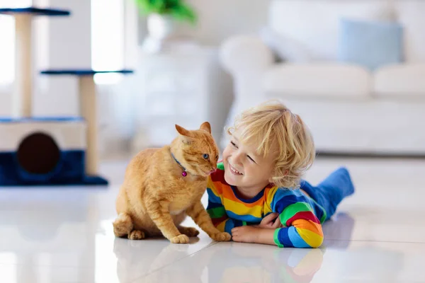 Child playing with cat at home. Kids and pets. Little boy feeding and petting cute ginger color cat. Cats tree and scratcher in living room interior. Children play and feed kitten. Home animals.