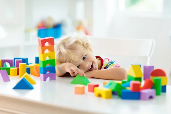 Kid Playing Colorful Toy Blocks Little Boy Building Tower Block — Stock Photo, Image