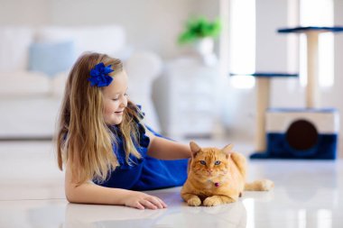 Evde kedi ile oynayan çocuk. Çocuklar ve evcil hayvanların.