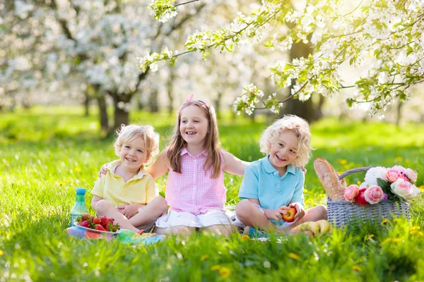 Familj picknick i vår park. Barnen äter utomhus — Stockfoto