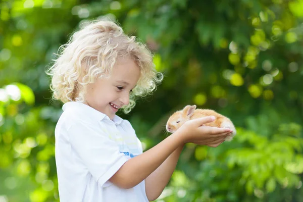 Bambino con coniglio. Coniglietto di Pasqua. Bambini e animali domestici . — Foto Stock