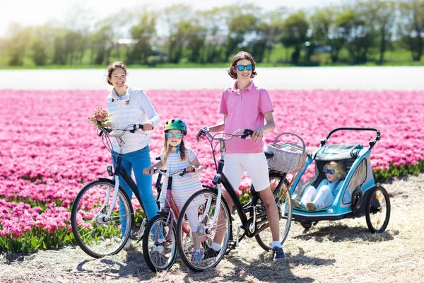 Семья на велосипеде в цветочных полях тюльпана, Голландия — стоковое фото