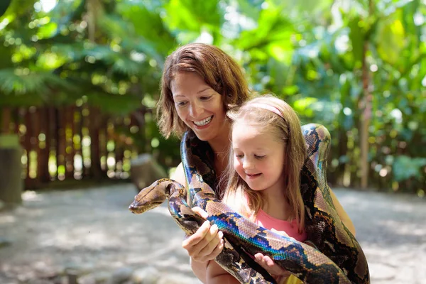 Crianças seguram cobra python no zoológico. Criança e réptil . — Fotografia de Stock