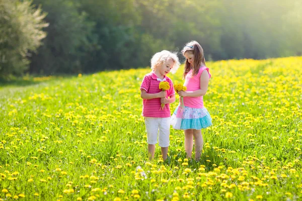 Barnen leker. Barn i maskros fält. Sommar blomma — Stockfoto