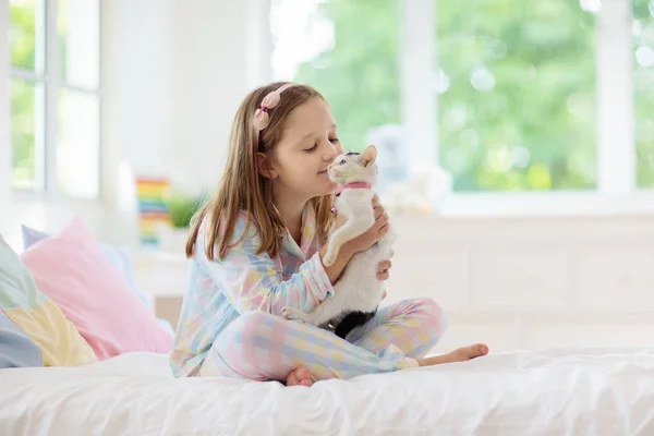 Criança brincando com bebê gato. Criança e gatinho . — Fotografia de Stock