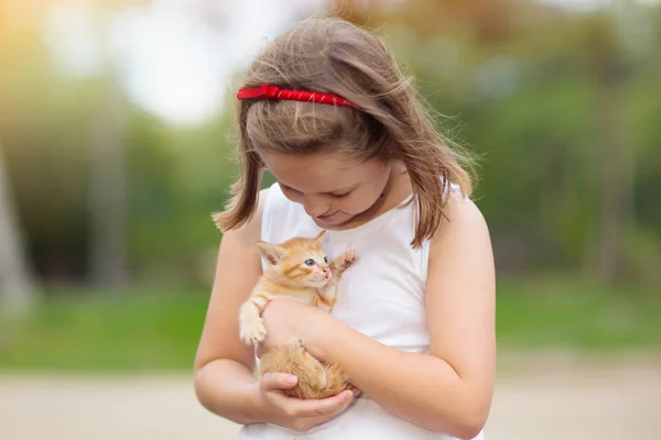 Liten flicka som innehar baby katt. Barn och husdjur — Stockfoto