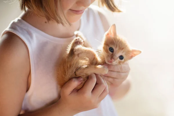 Niña sosteniendo gato bebé. Niños y mascotas — Foto de Stock