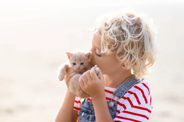 Menina segurando bebê gato. Crianças e animais de estimação — Fotografia de Stock