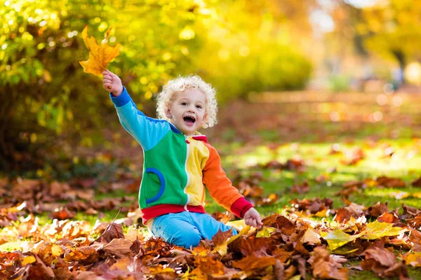 Bambino nel parco autunnale. Ragazzo con foglie autunnali . — Foto Stock