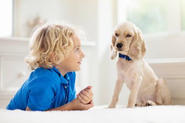 Köpekle oynayan çocuk. Çocuklar köpek yavrusu ile oynamak.