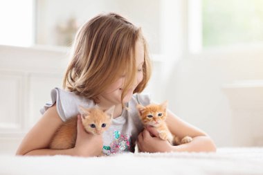 Küçük çocuk bebek kedi tutuyor. Çocuklar ve evcil hayvanlar