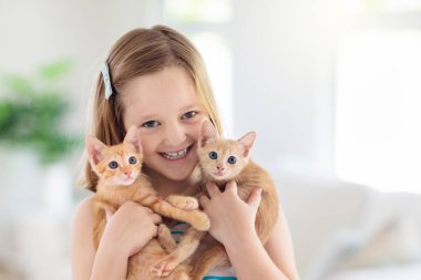 Küçük çocuk bebek kedi tutuyor. Çocuklar ve evcil hayvanlar
