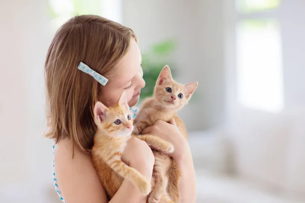 Little child holding baby cat. Kids and pets — Stock Photo, Image